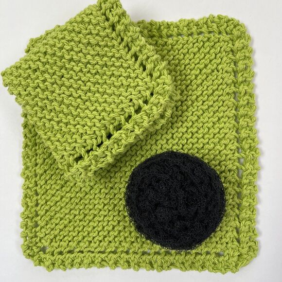 Hand Knit Dish Cloth Set of 2 Plus Scrubbie 100% Cotton Chartreuse Green Black - Picture 5 of 6